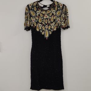 -Laurence Kazar beaded silk mini dress-